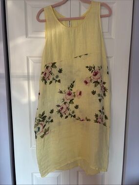 NEW Listing! Lemon Sunny Yellow & Pink Roses 100% Linen Shift Dress